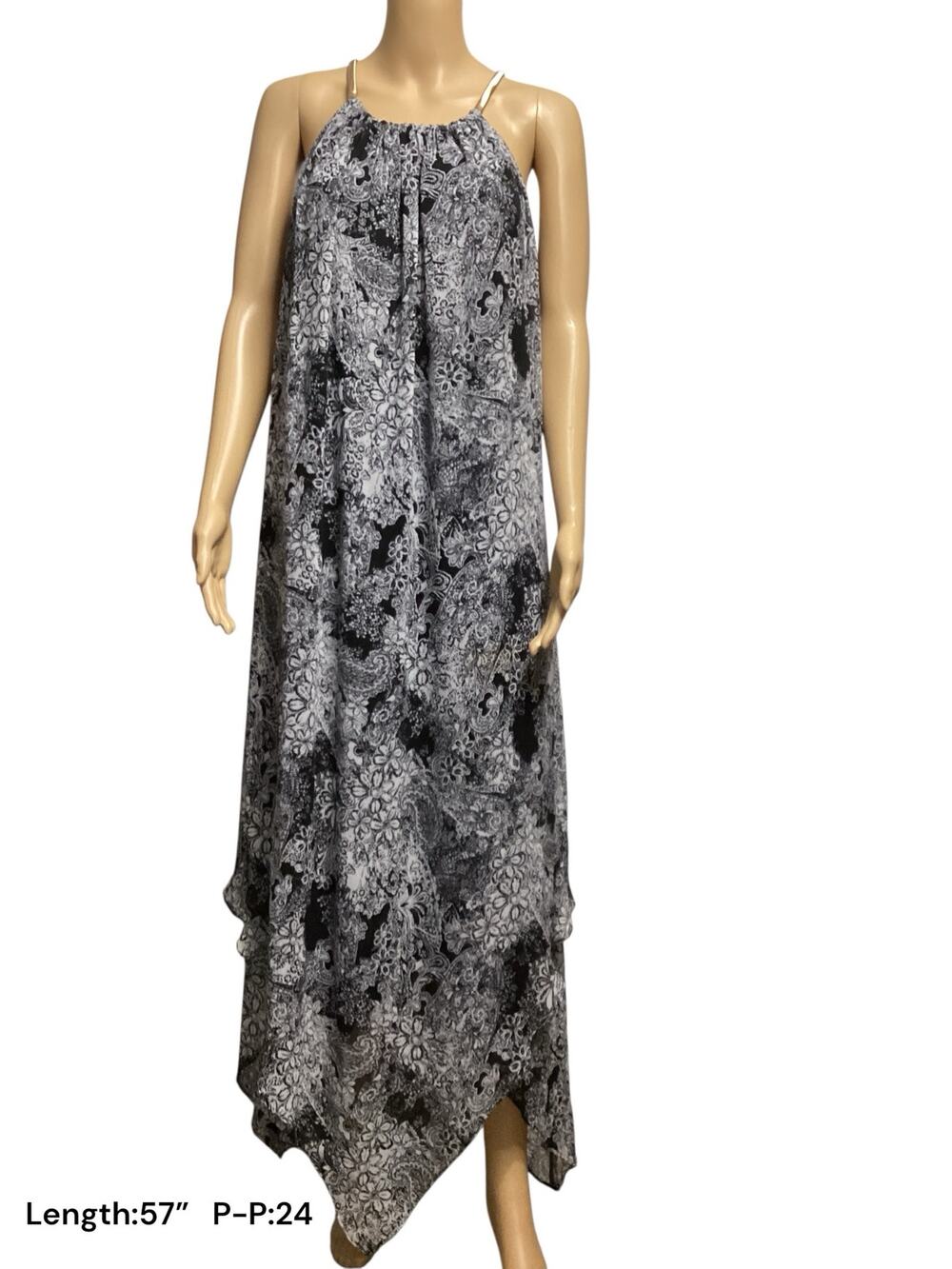 Emma & Michelle Paisley Floral Halter Maxi Dress Handkerchief Hem Black White 2X